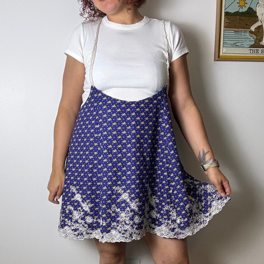 Hand made overall dress blue and yellow floral with embroidered hem XL